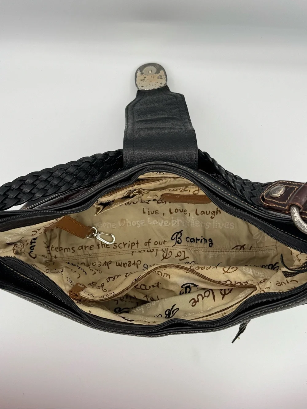 Brighton Vintage Black Leather Croc Embossed Metal Scrollwork Hobo Shoulder Bag
